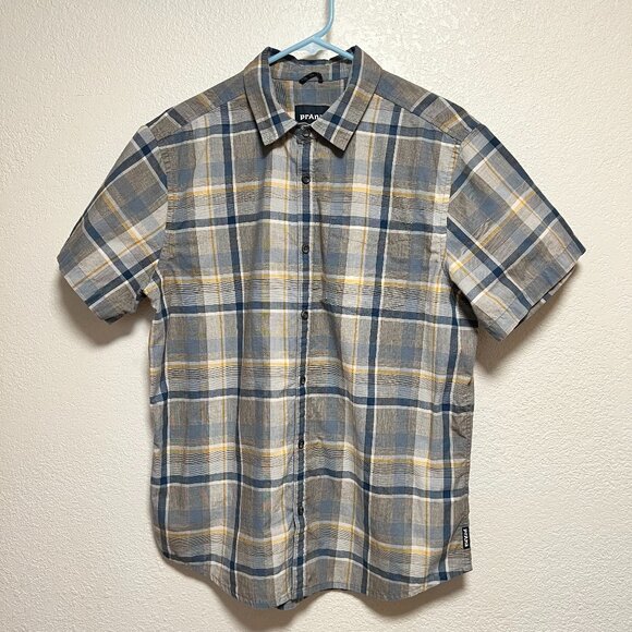 Prana‎ Button Up Short Sleeve Blue Grey Yellow Cream Men's Size M - Picture 1 of 14